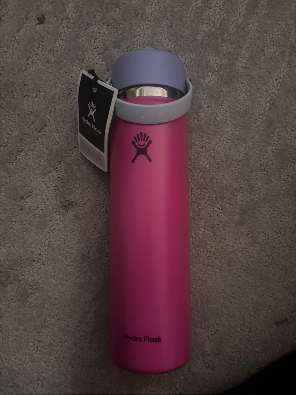 Hydro Flask Pink Bottle with Lavender Cap and Gray Handle
